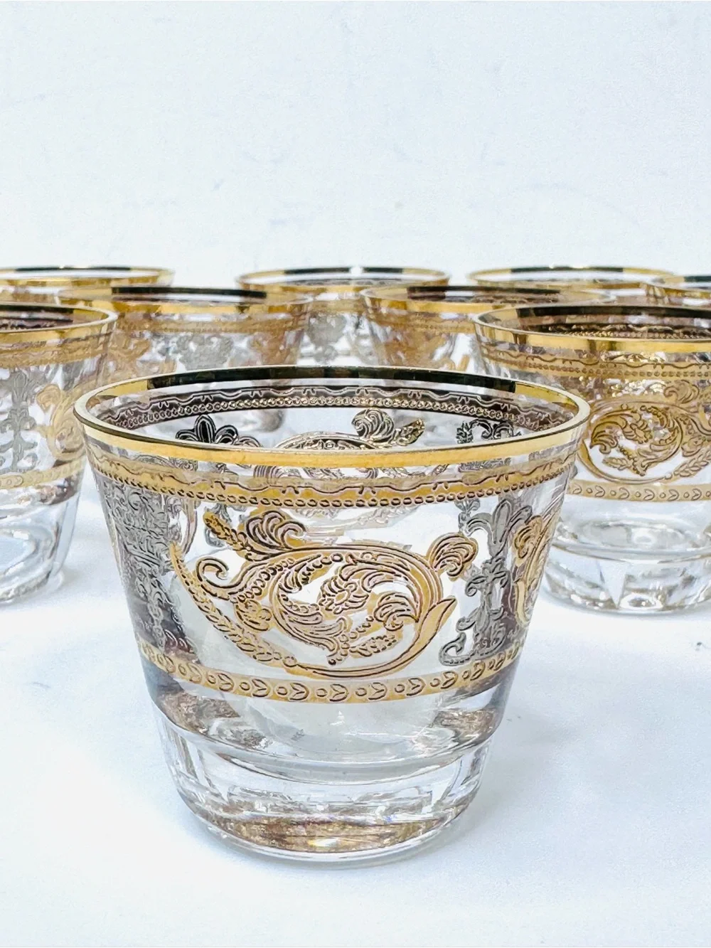 Turkish Arabic Coffee Glass Cups Gold Etched Set w/ Box Made in Turkey Set Of 11